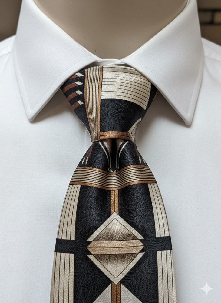 Pierre Balmain Paris Tie Mens Vintage Silk Geometric Art Deco Black Taupe