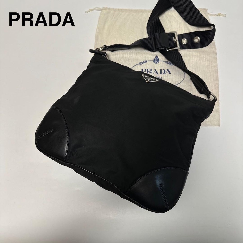 Prada Extreme Triangle Logo Black Nylon Leather Shoulder Bag Q04
