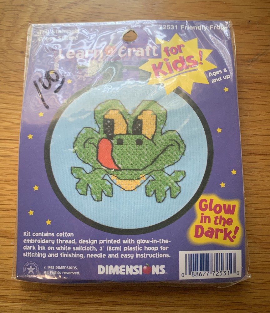 Dimensions Learn A Craft Friendly Frog GLOW IN THE DARK Mini Cross Stitch Kit