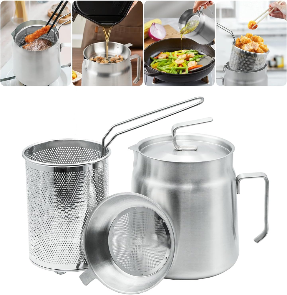 68Oz Stainless Steel Oil Filter Pot with Deep Fryer Basket - Kitchen Large Capac