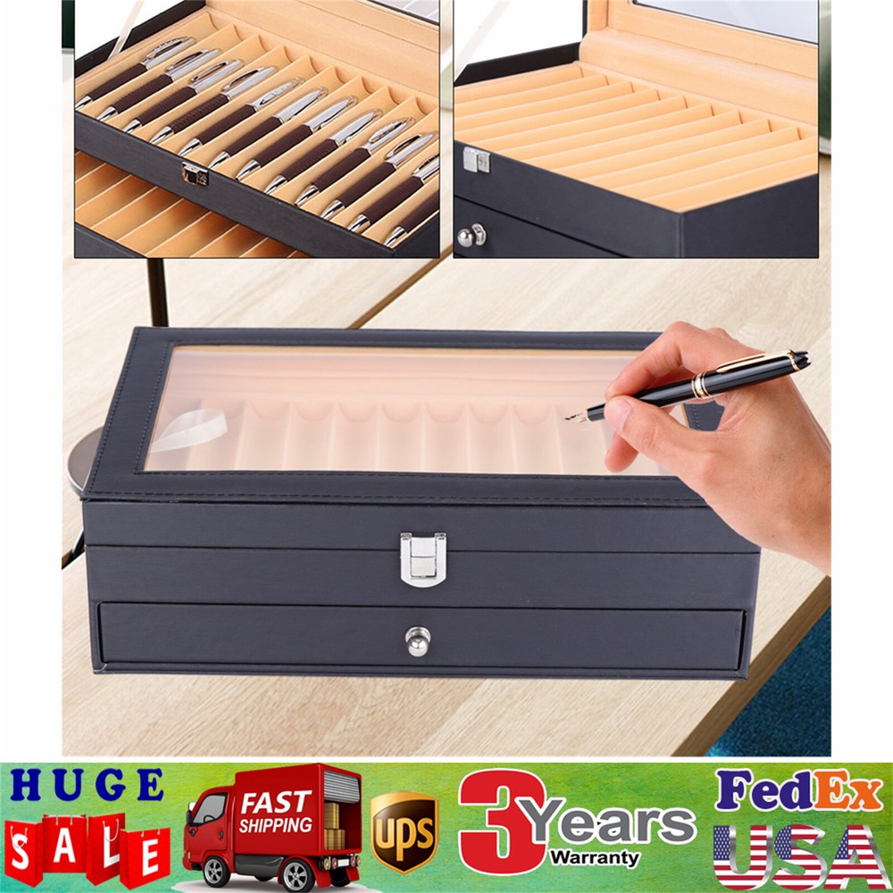24 Fountain Pen Leather Display Box Holder Organizer Storage Collector Case NEW