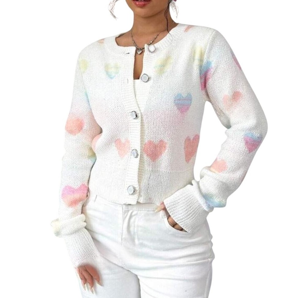 New Women Beautiful Heart Print Knit Slim Cardigan