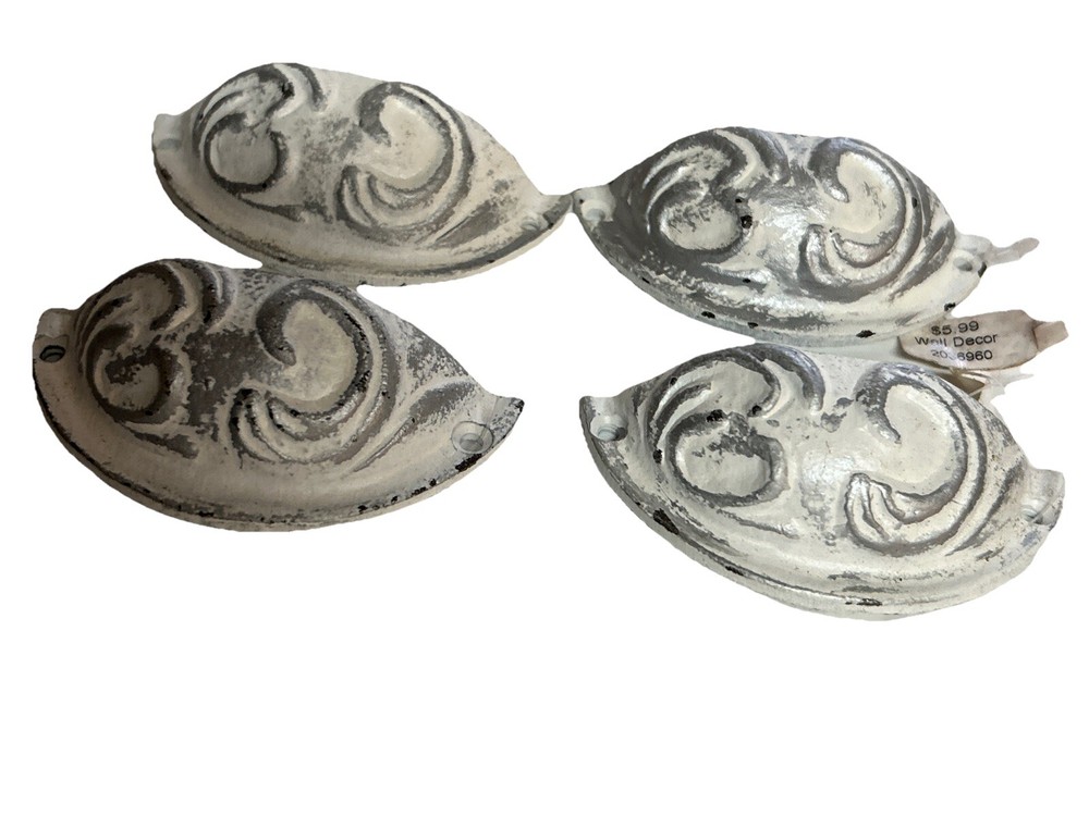 Cast Iron Cup Handle Drawer Pull Cabinet White Washed / Silver VTG Style Shabby