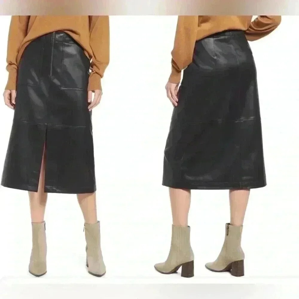Treasure & Bond Stitch Detail Faux Leather MIDI Pencil Skirt Size XS