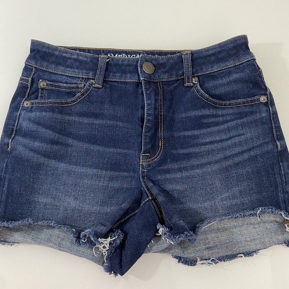 American Eagle Hi Rise Shortie Jean Short Women Size 6 360 Super Stretch Raw Hem