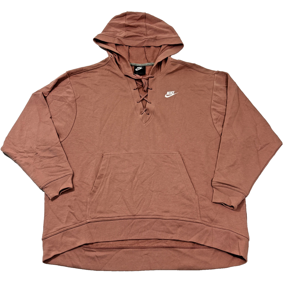 Nike NSW Club Womens Large Lace-Up Rust Pink Hoodie Athleisure Lounge Active Top