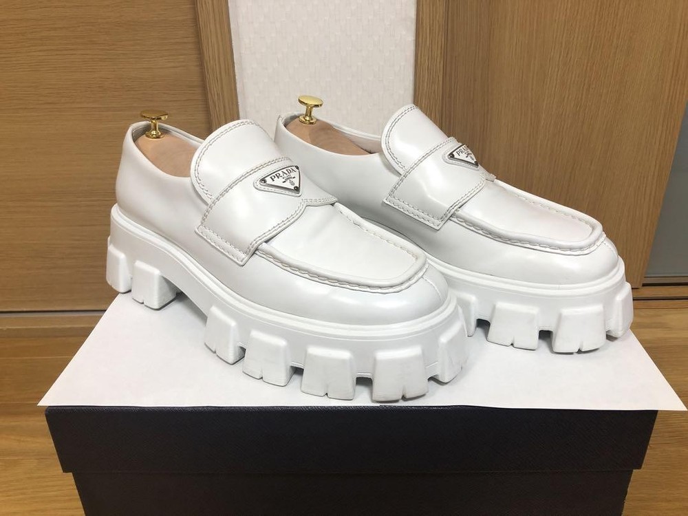Prada Monolith White Leather Loafers Size 9.5 US Slip-On Mens Preowned