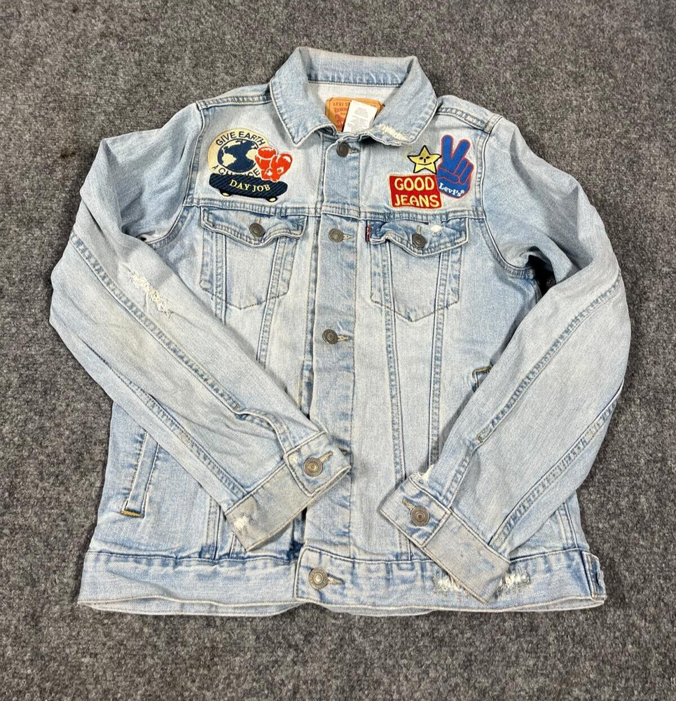 Levi’s Kids Youth Denim Blue Jacket Patches Good Jeans Give Earth A Chance L
