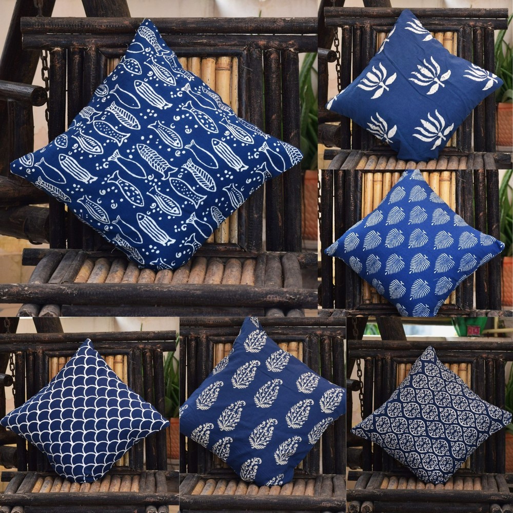 Indigo Blue Bohemian Hand Block Floral Cotton Cushion Cover Sofa Throw Pillow