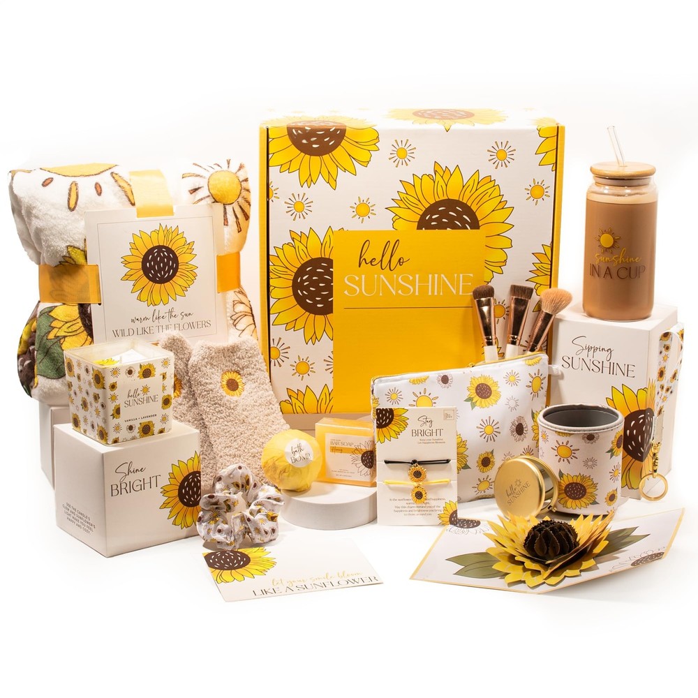 Sunflower Gift Basket for Women 15pc Birthday Care Package by The Love Crate Co