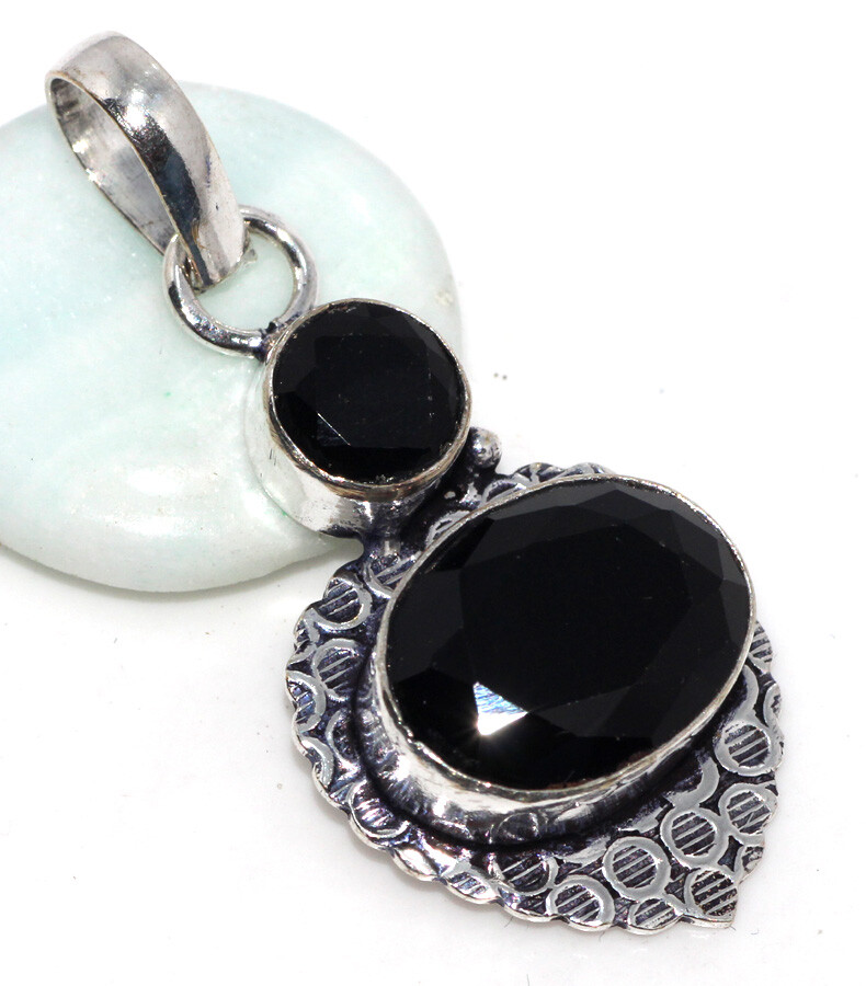 Black Onyx 925 Silver Plated Long Gemstone Pendant 1.7 Inch Gift JW