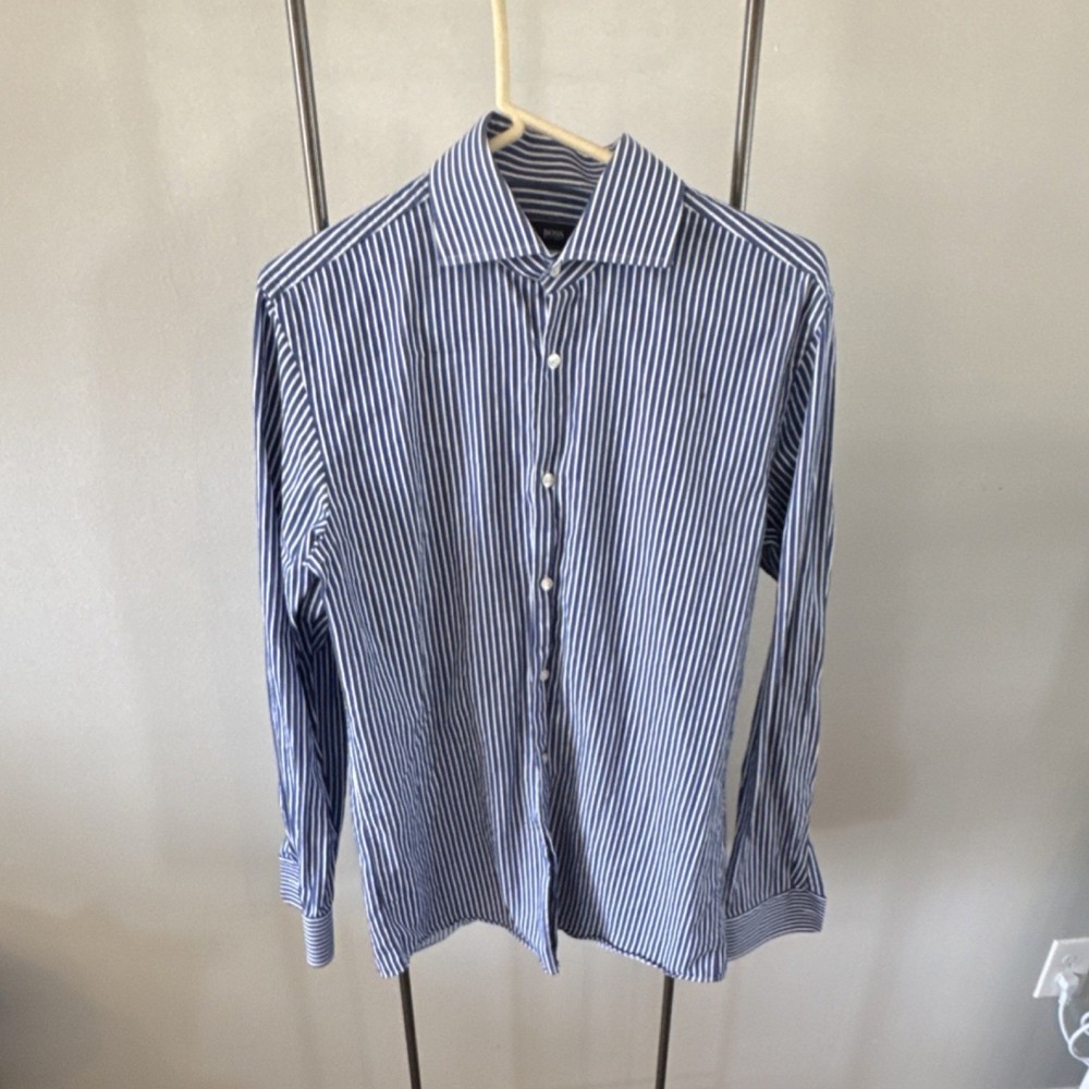 HUGO BOSS Men's Dress Shirt Sharp Fit Striped Blue White 15.5 34/35
