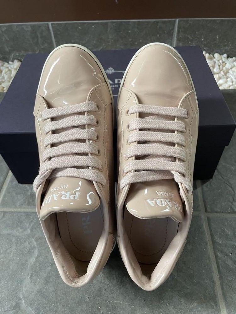 Prada Enamel Pink Beige Sneakers Women Size 22.5cm US 4.5 Lace-Up Preowned