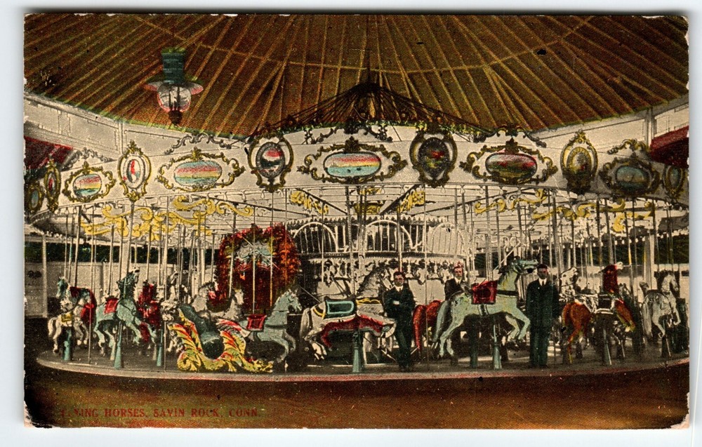 FLYING HORSES Carousel Postcard Savin Rock Connecticut Amusement Park 1918 Merry