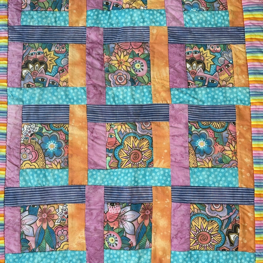 Laurel Burch Felines & Canines Garden Cats Fabric Pink Cat Kitten Handmade Quilt