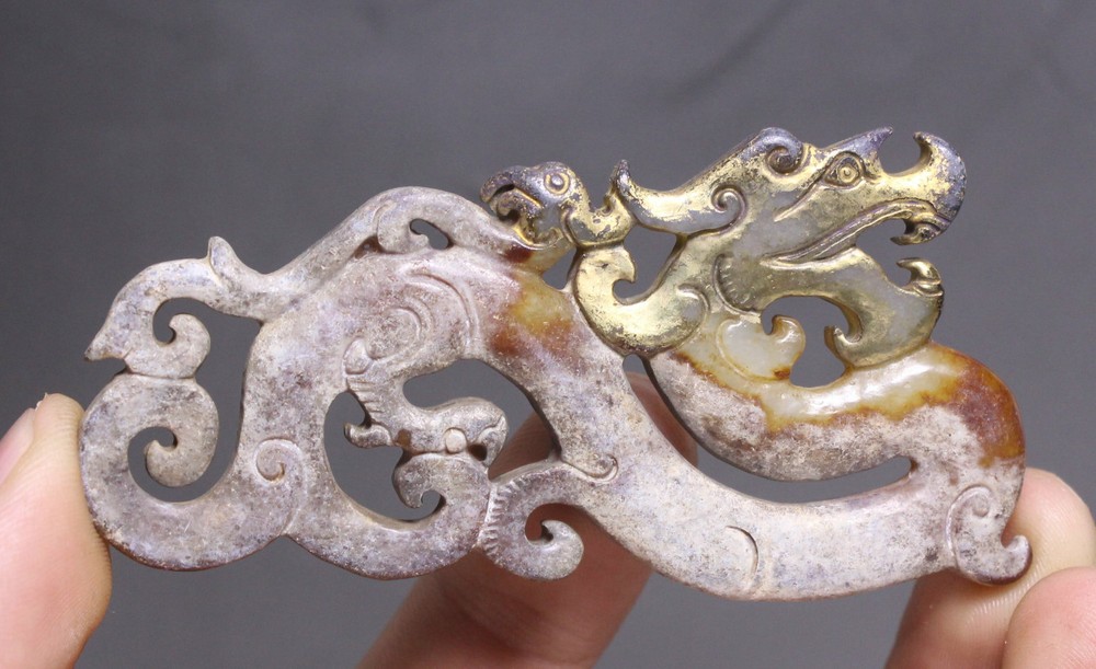 8.8CM Hongshan Hetian Jade Gold Carved Dragon Loong Yubi Bi