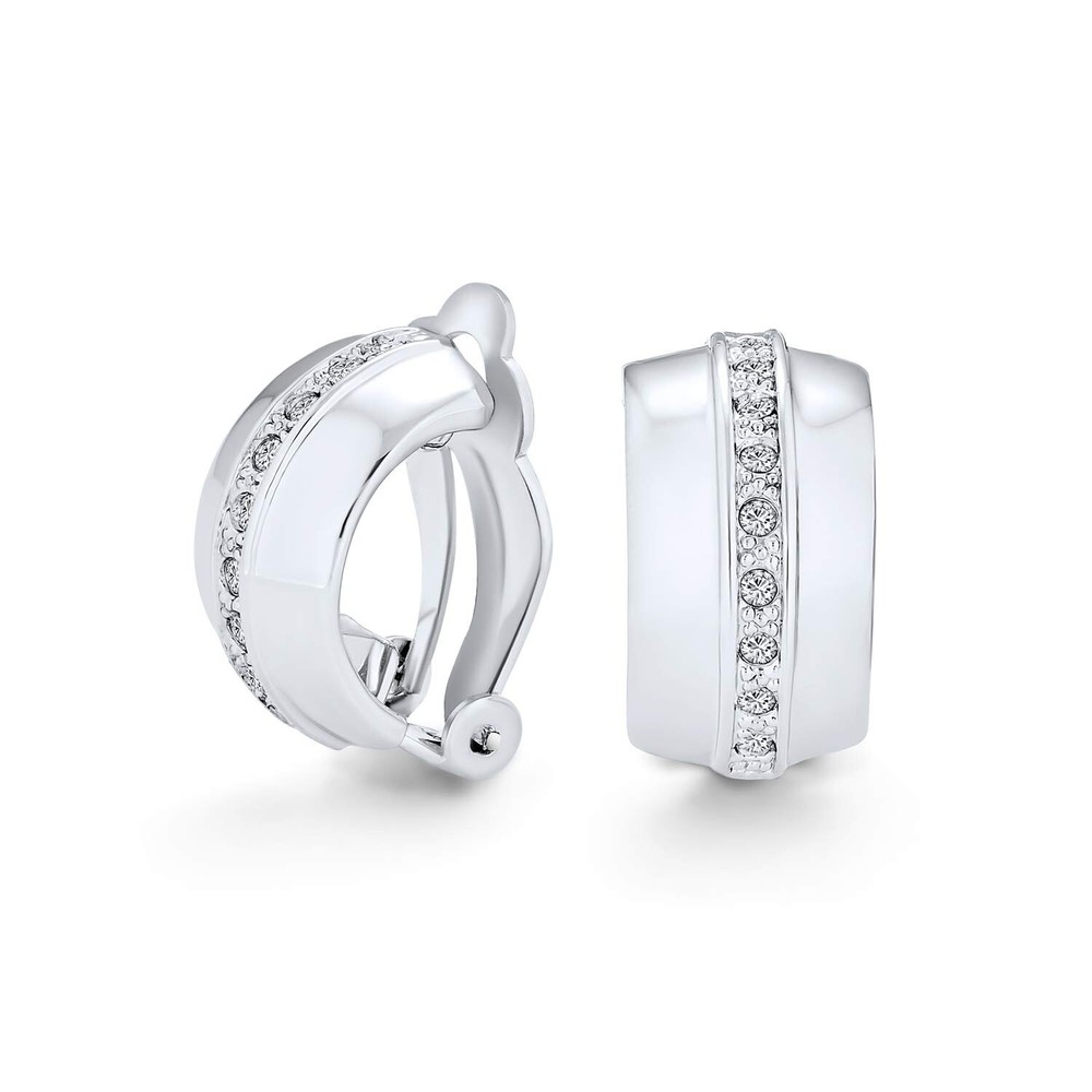 Fashion Bridal Wedding 3 Row Pave Crystal Dome Endless Hinged Huggie Hoop Cli...