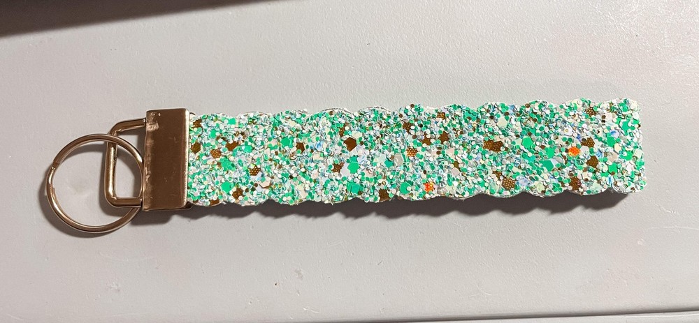 Aqua White Gold Glitter Faux Leather Keychain Wristlet