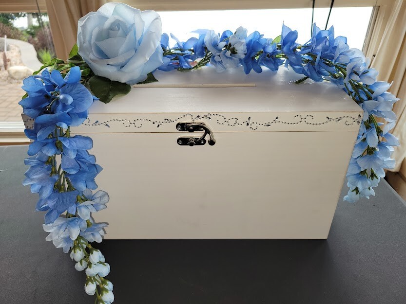 Elegant Wooden Wedding Gift Card Box with Faux Blue Flowers-image