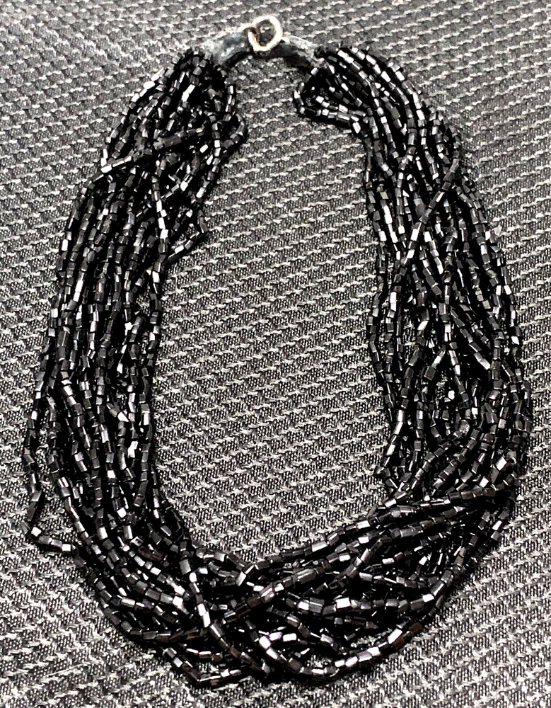 Miriam Haskell? Black Seed Bead Multi Strand 14” Necklace Sterling Clasp
