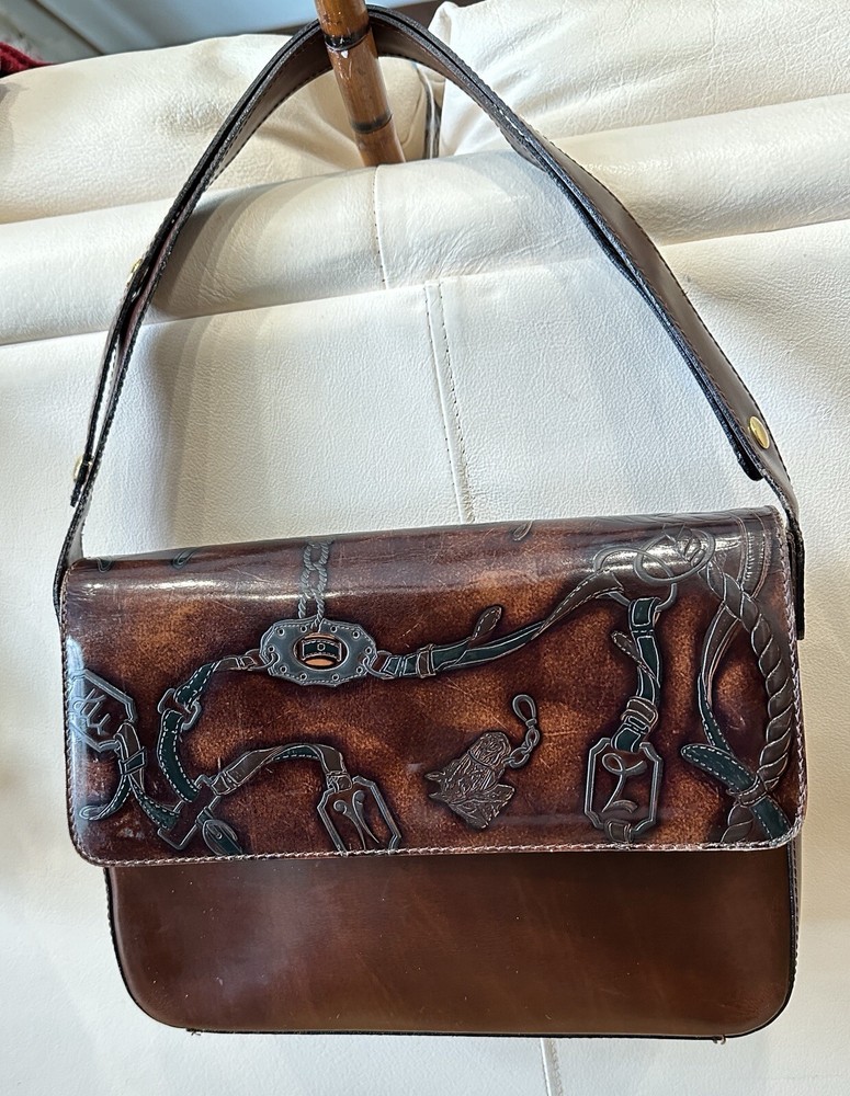 Italian VTG Embossed Equestrian Leather Convertible Strap Shoulder Bag Brown  4