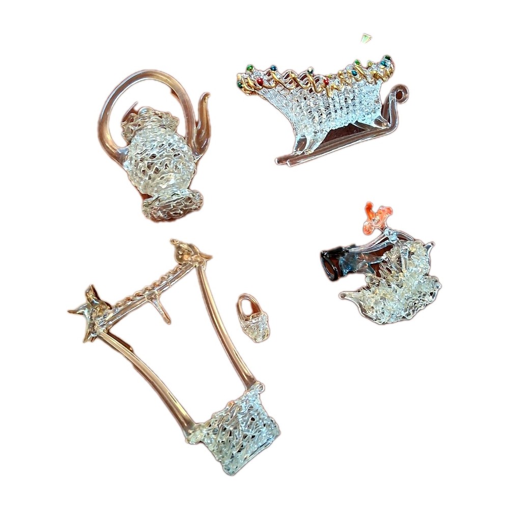 4 Vintage Silvestri Handcrafted Spun Clear Glass Birds Well Sled Tea Pot Decor