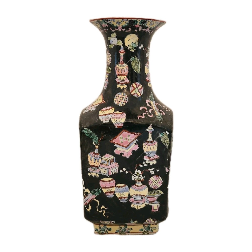 Beautiful Vintage Large Vase Black Square Ornate Chinese Porcelain