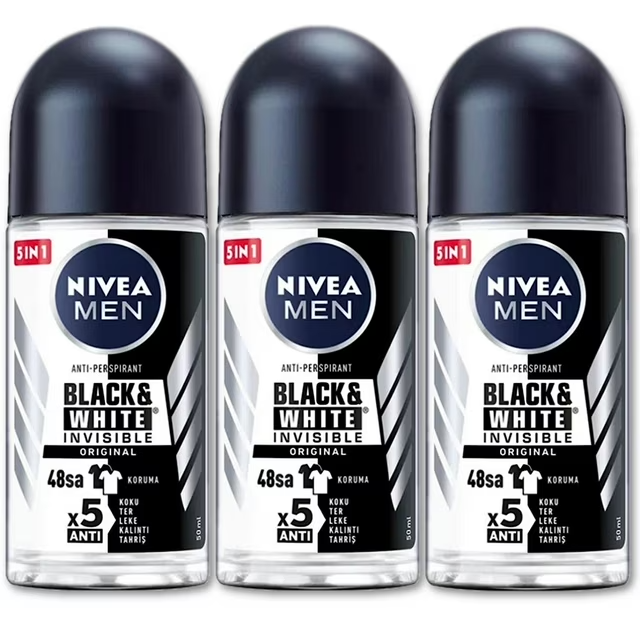 NIVEA Men Black & White Invisible 48h Deodorant Roll-On 50ml 3-Pack