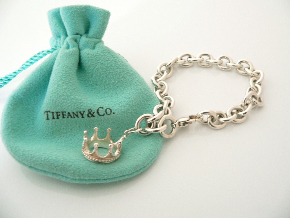 Tiffany & Co 925 Sterling Silver Crown Charm Princess Bracelet with Gift Pouch