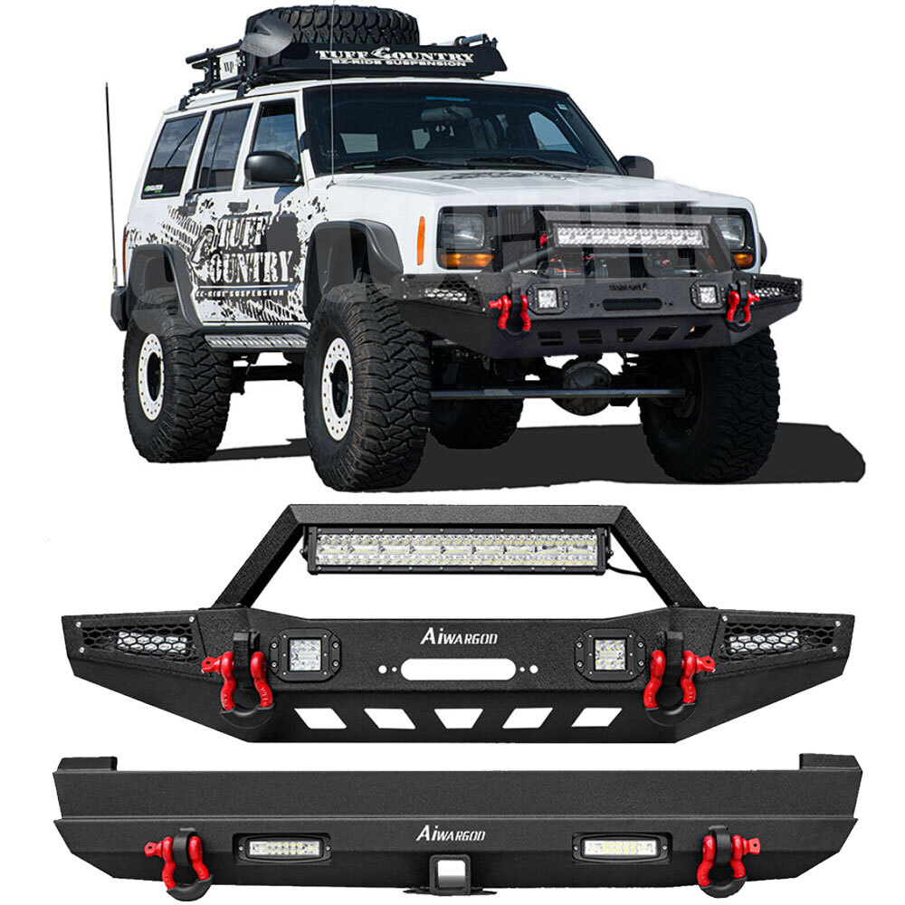 Front /Rear Bumper W/Winch Plate &LED Lights Kit For 1984-2001 Jeep Cherokee XJ