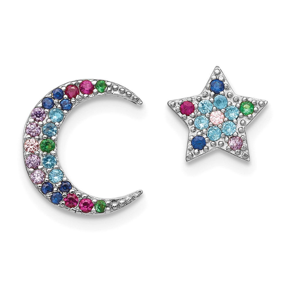 Sterling Silver Moon and Star Colorful Cubic Zirconia Post Stud Earrings 1.1gm