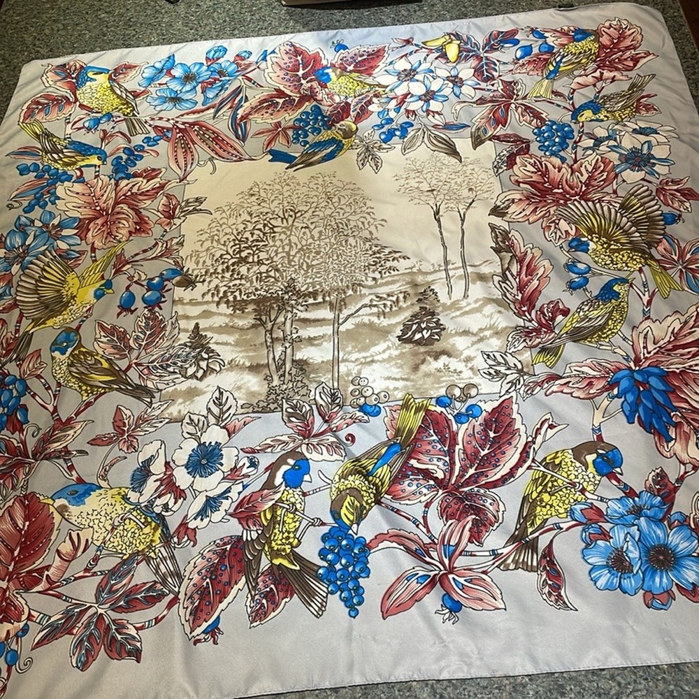 Floral silk scarf with bird and tree design for hair or neck