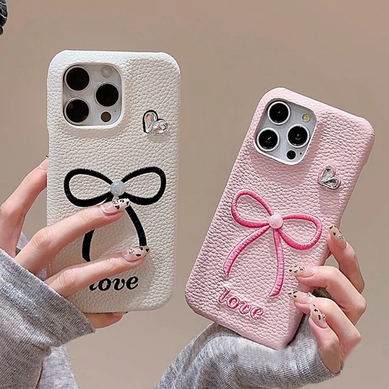 For iPhone 16 15 14 13 12 11 ProMax Plus Embroidered Bow Love Leather Phone Case