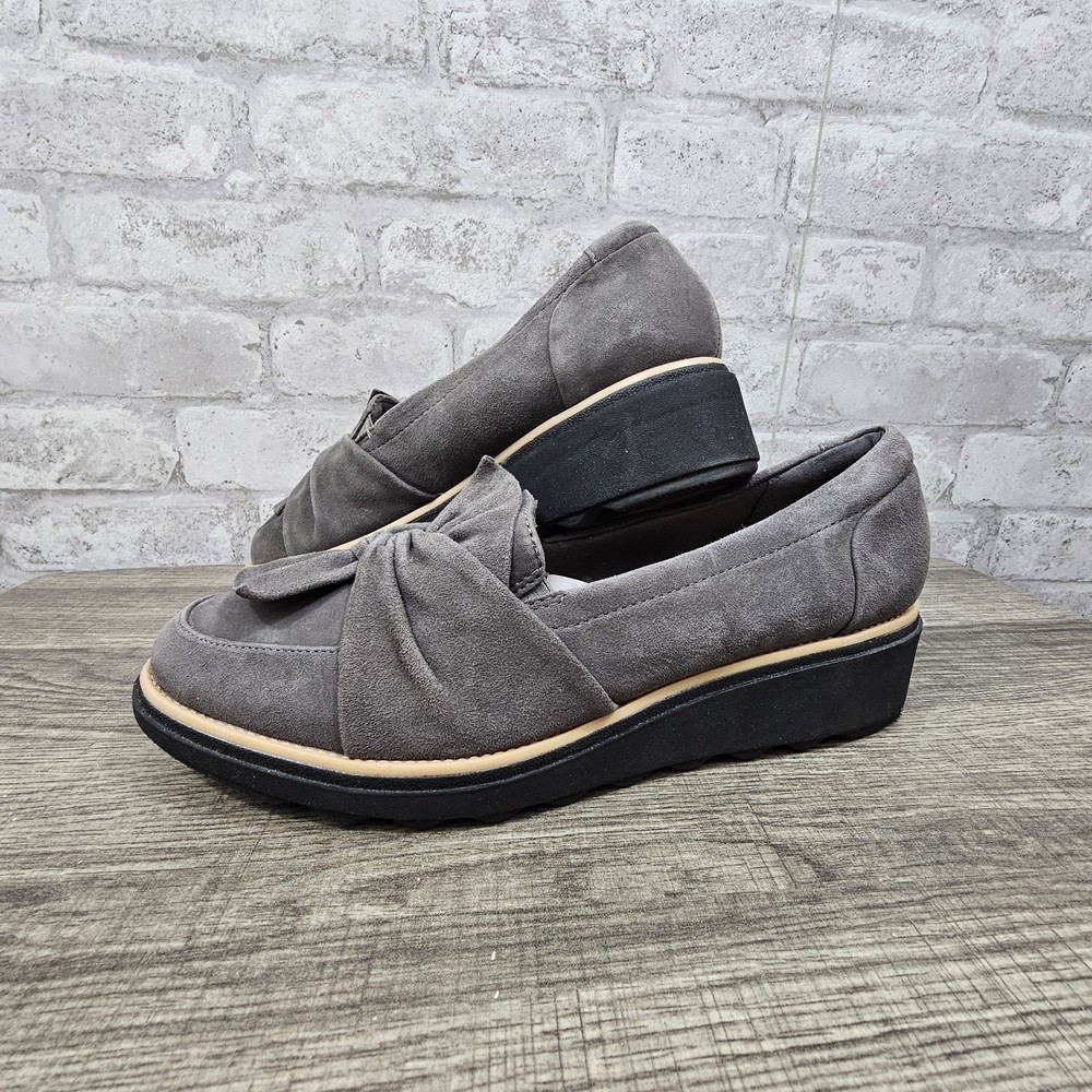 Clarks Sharon Dasher 10M Grey Suede Knot Wedge Leather Flats  