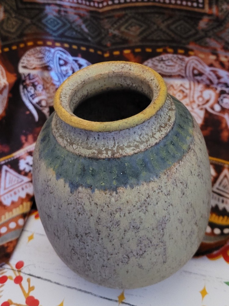 Vintage 1975 Beige Art Pottery Vase with Teal Band Handpainted Signed By Artist