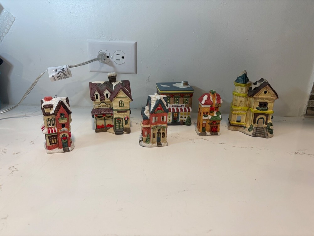 Vintage Christmas Village Set with Bakery Church Firehouse Barbershop +2 Preowned