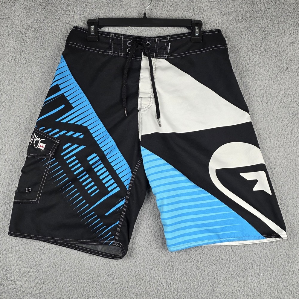Quiksilver Board Shorts Mens 32x14 Black Blue Heebie Jeebies Surf Swim Suit