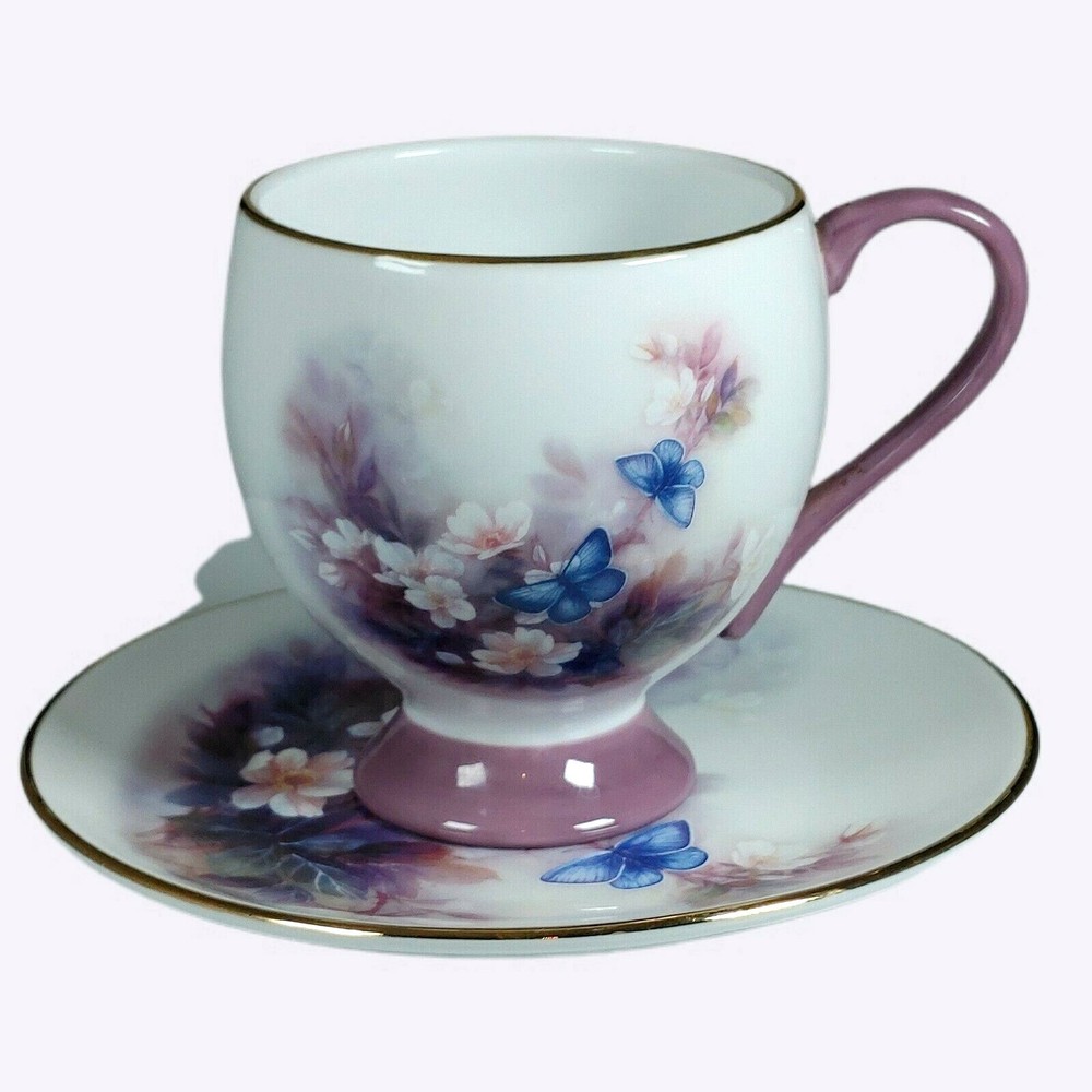 Vtg Lena Liu Coffee Cup & Plate Set Blossoms and Butterflies Mauve Teleflora R1