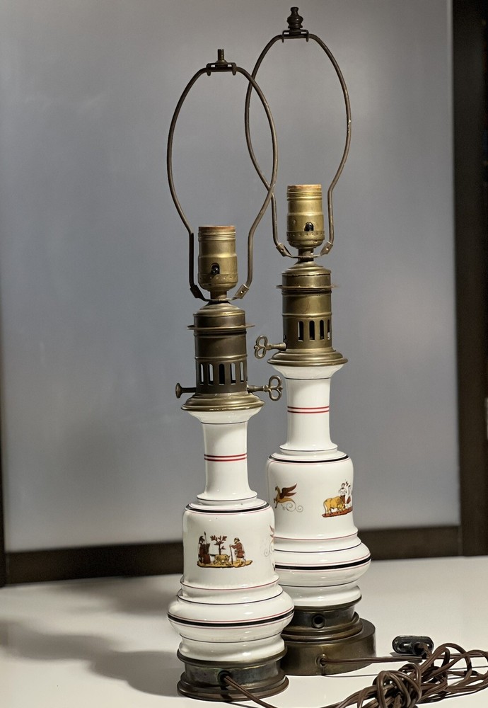 Vintage White Greek Roman Scene Napoleon III Lamps Pair 23 & 21 Inches