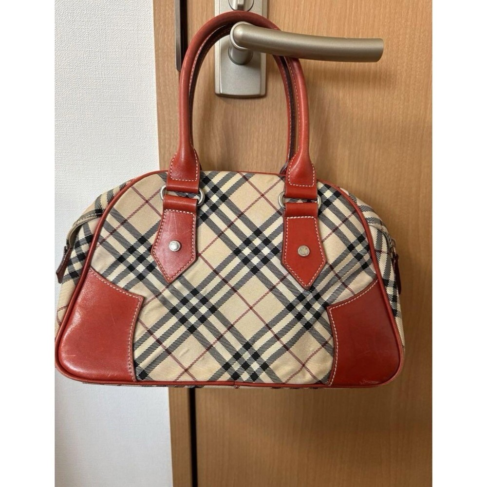 BURBERRY Blue Label Handbag Nova Check Red Leather Used Excellent+