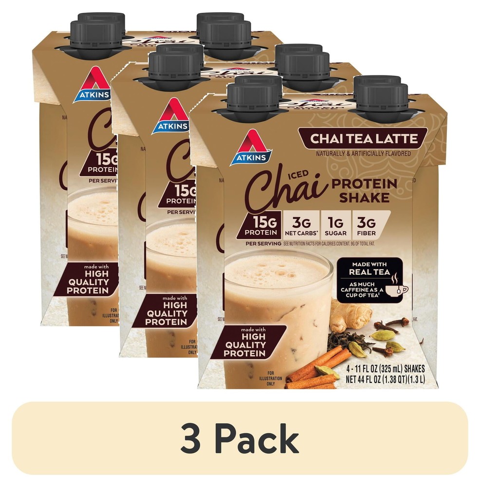 (3 Pack) Atkins Protein-Rich Shake, Keto Friendly 15g of Protein Chai Latte 4 Ct