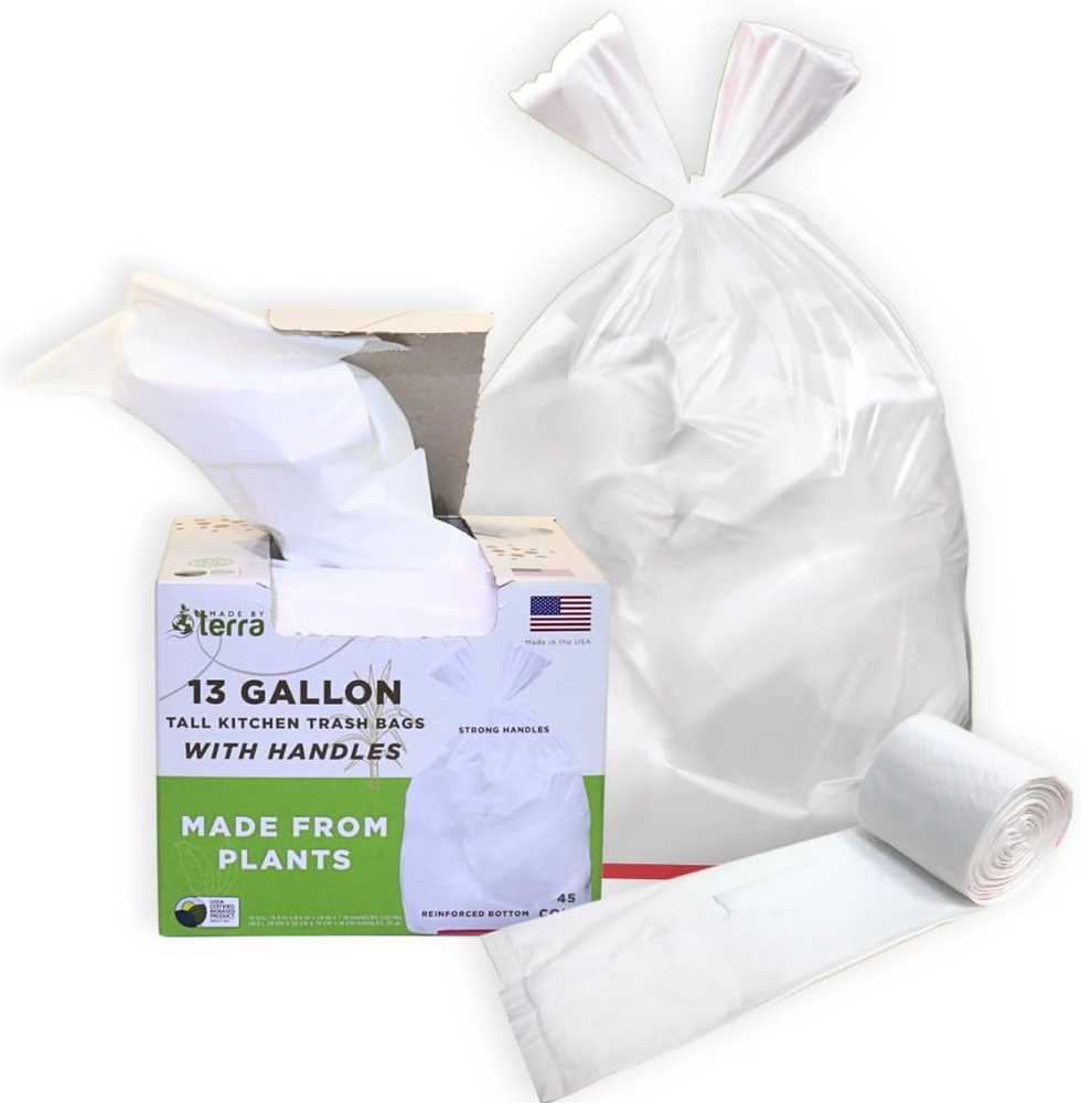 USDA Certified - Plant Based Kitchen Trash Bags with HANDLES, 13 Gallon Standard