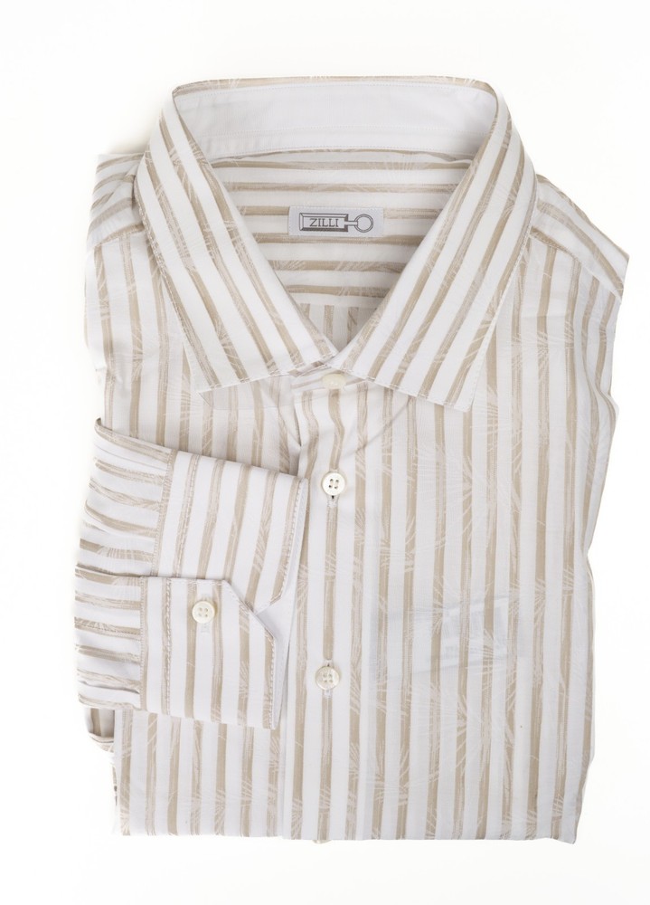 ZILLI Striped Beige White All Seasons Cotton Spread Collar Dress Shirt 15 1/2 39