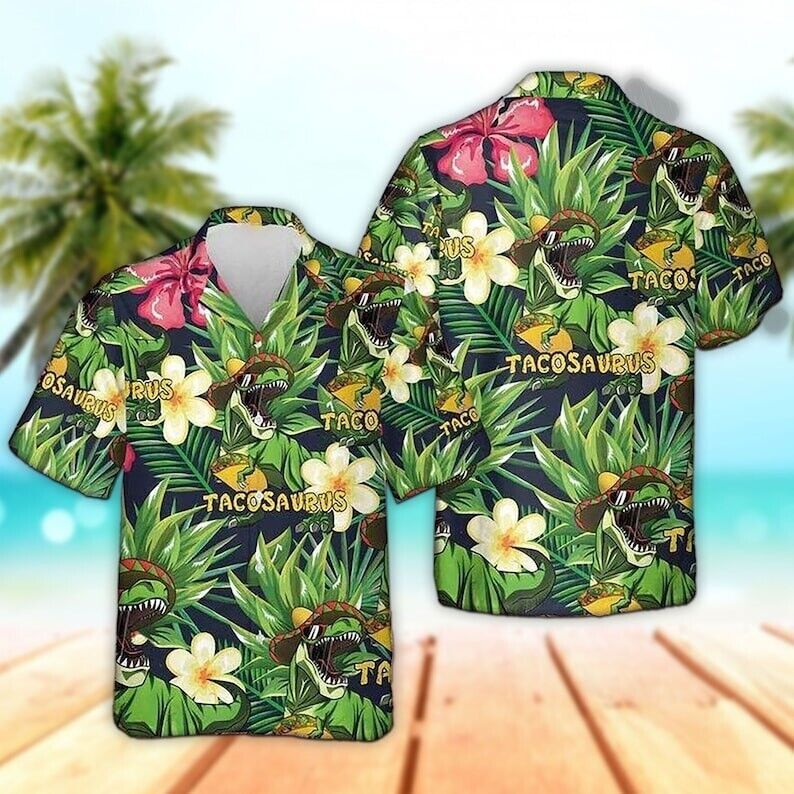 Custom 3D T-Rex Tacos Dinosaur Short Sleeve Summer Hawaiian Shirt for Men Perfect for Beach Outings and Casual Wear