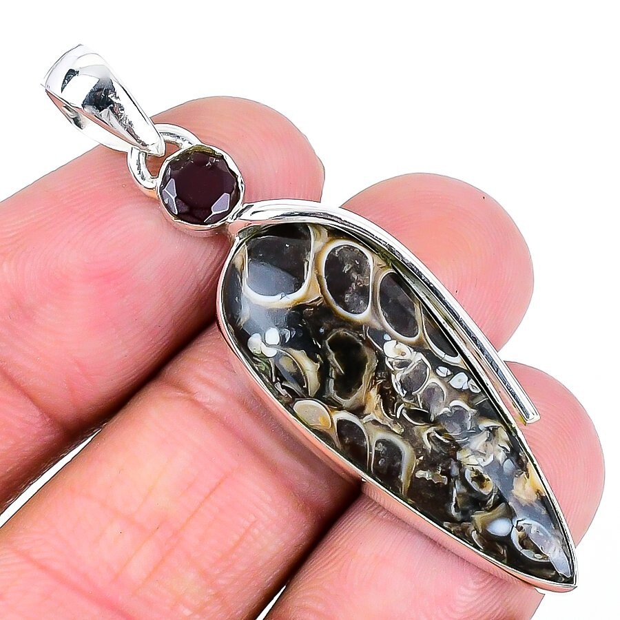 Cyber Monday Deal Turtilla Fossil Gemstone 925 Sterling Silver Unique Pendant-image