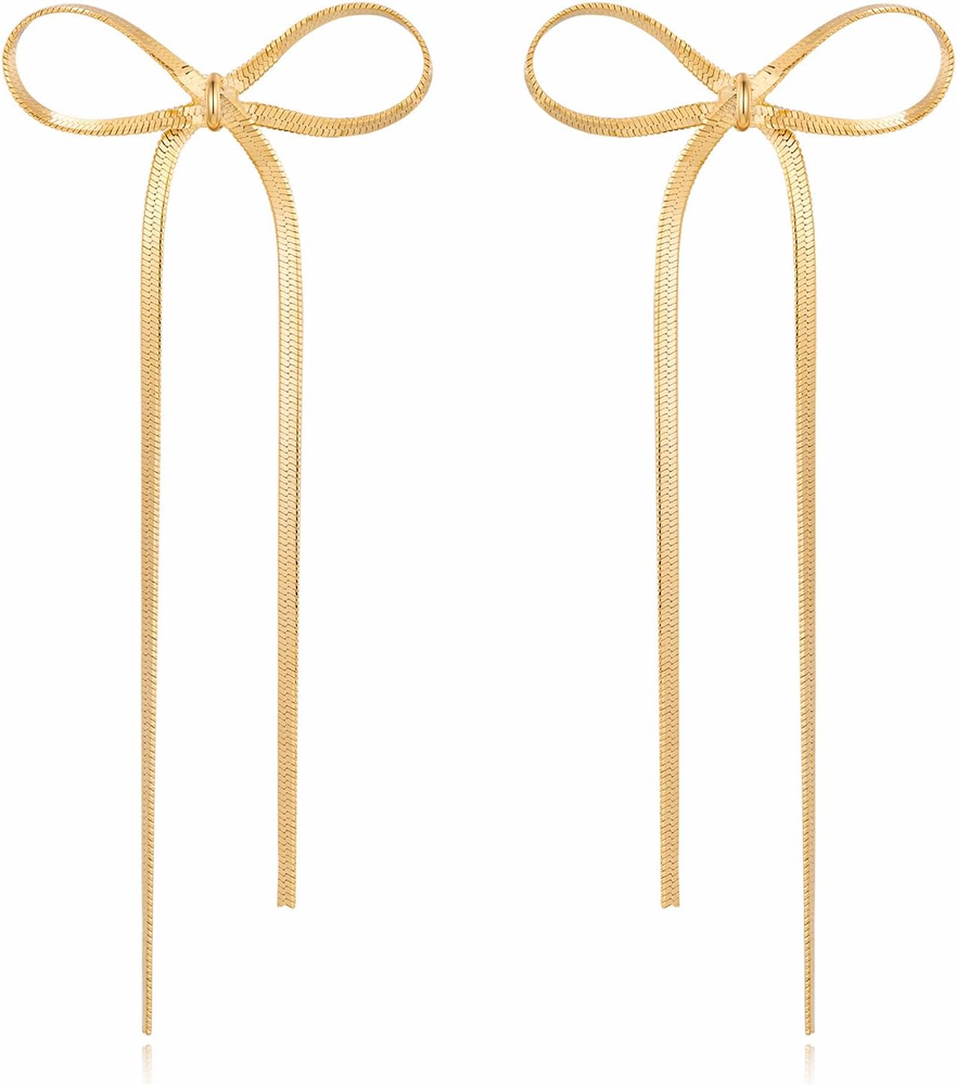Gold Silver Bow Drop Earrings for Women Long Tassel Chain Bow Earrings Ribbon Bo