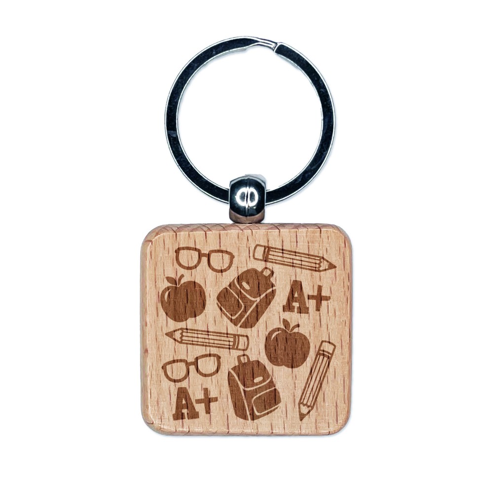 Engraved Wood Keychain with Backpack Pencils Glasses Apple Design  