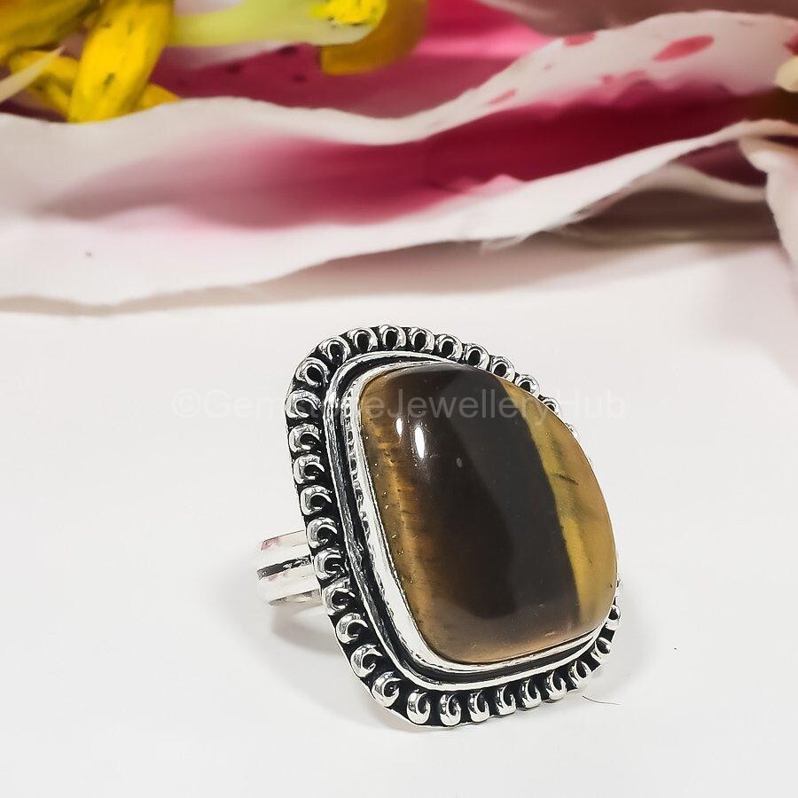 Christmas Sale 925 Sterling Silver Tiger Eye Stone Statement Ring Jewelry US 8-image