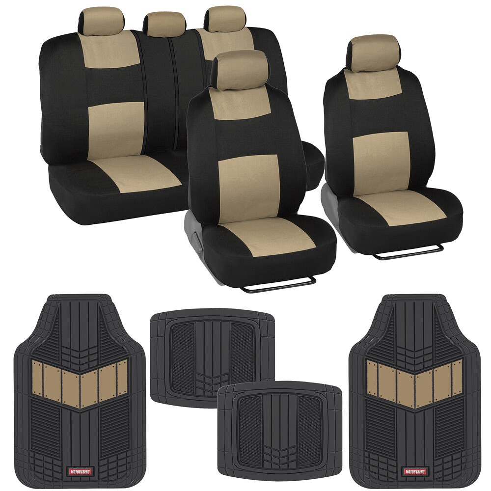 Sporty Beige Two-Tone Car Seat Covers with Heavy Duty Rubber Floor Mats