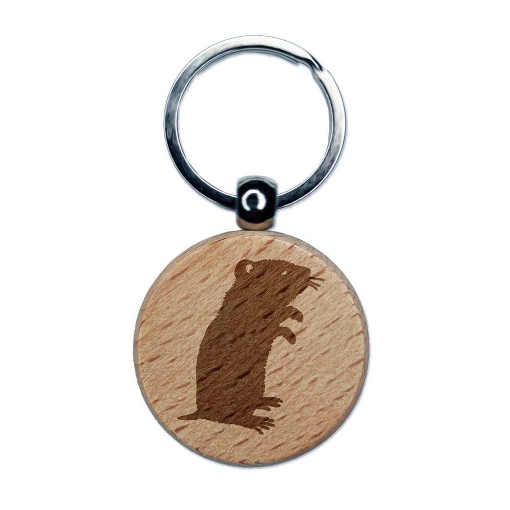 Gerbil Standing Profile Engraved Wood Round Keychain Tag Charm